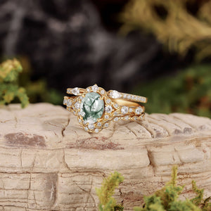 Unique Oval Cut Moss Agate Cluster Engagement Ring Set 3pcs