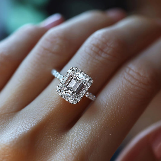The Rosalind Claire 2CT Emerald Cut Halo Moissanite Ring