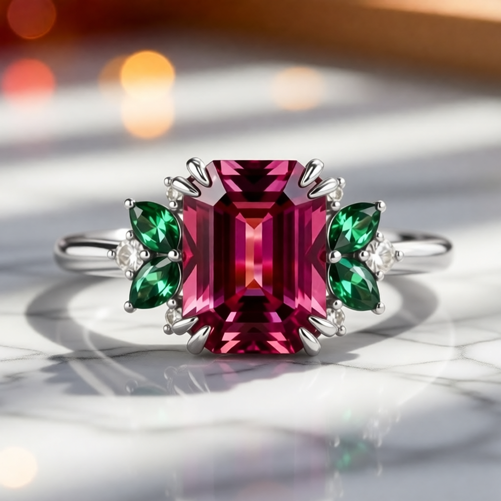 The Solandra Ember | 3CT Emerald Cut Ruby Halo Ring