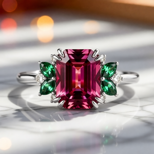 The Solandra Ember | 3CT Emerald Cut Ruby Halo Ring