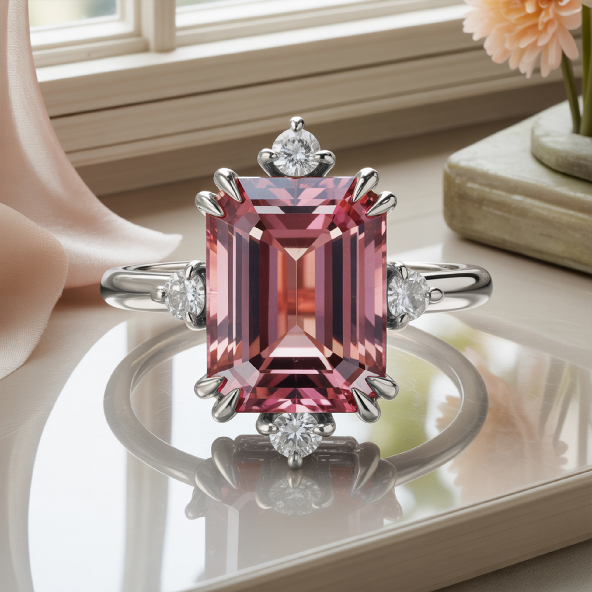 Calenith 5CT Emerald-Cut Pink Gemstone Ring