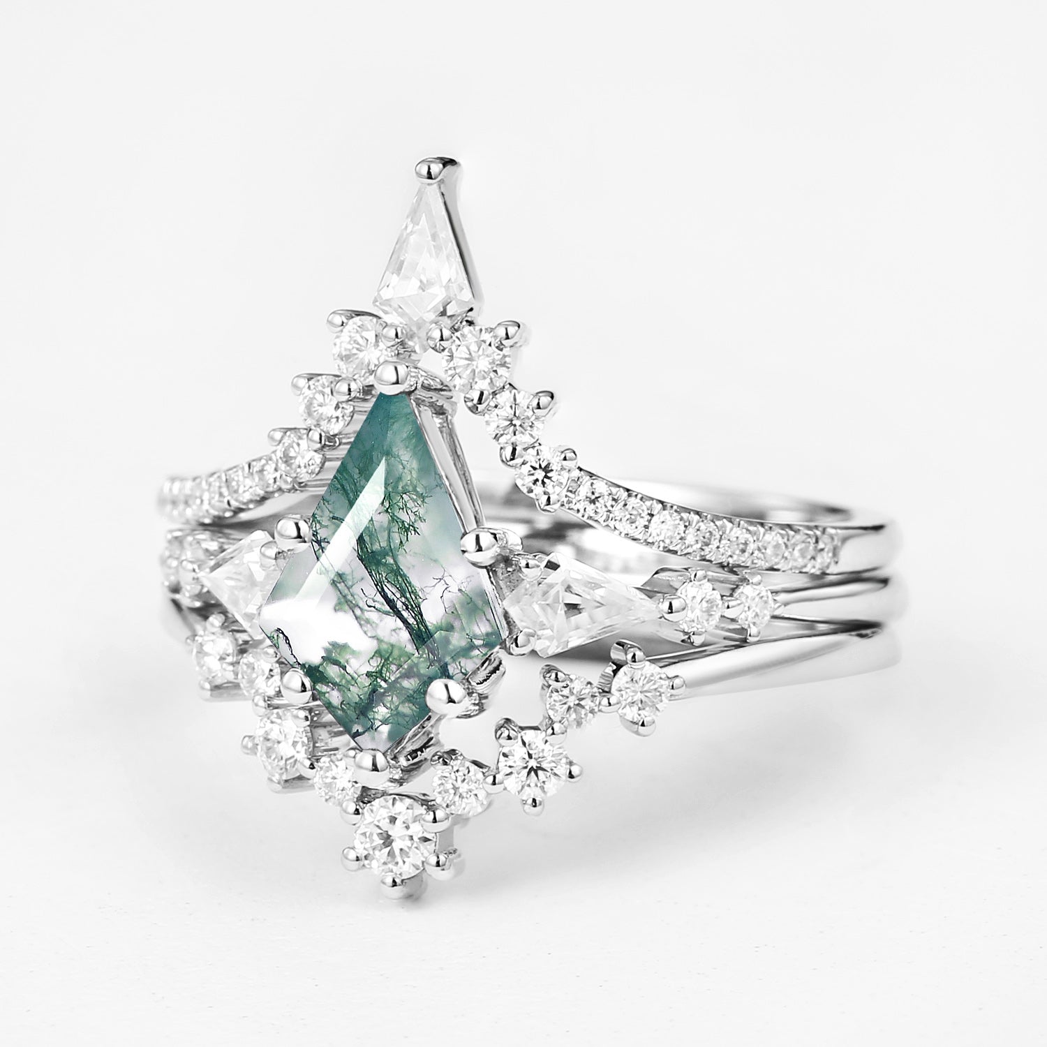 Twin Flames - Kite Cut Moss Agate Engagement Ring Set 3pcs - Tyler