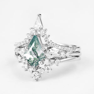 Twin Flames - Kite Cut Moss Agate Engagement Ring Set 3pcs - Tyler