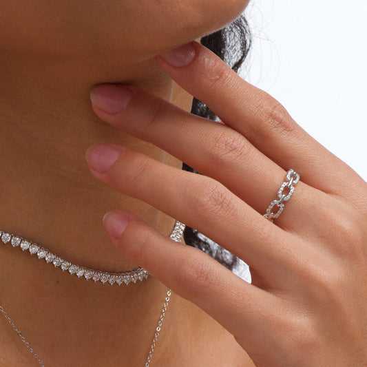 Dazzling Chain-Link Eternity Silver Moissanite Ring