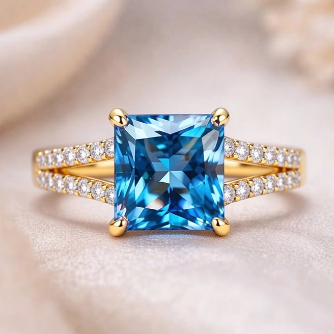 Aurora’s Gleam | 2CT Princess Cut Blue Sapphire Ring