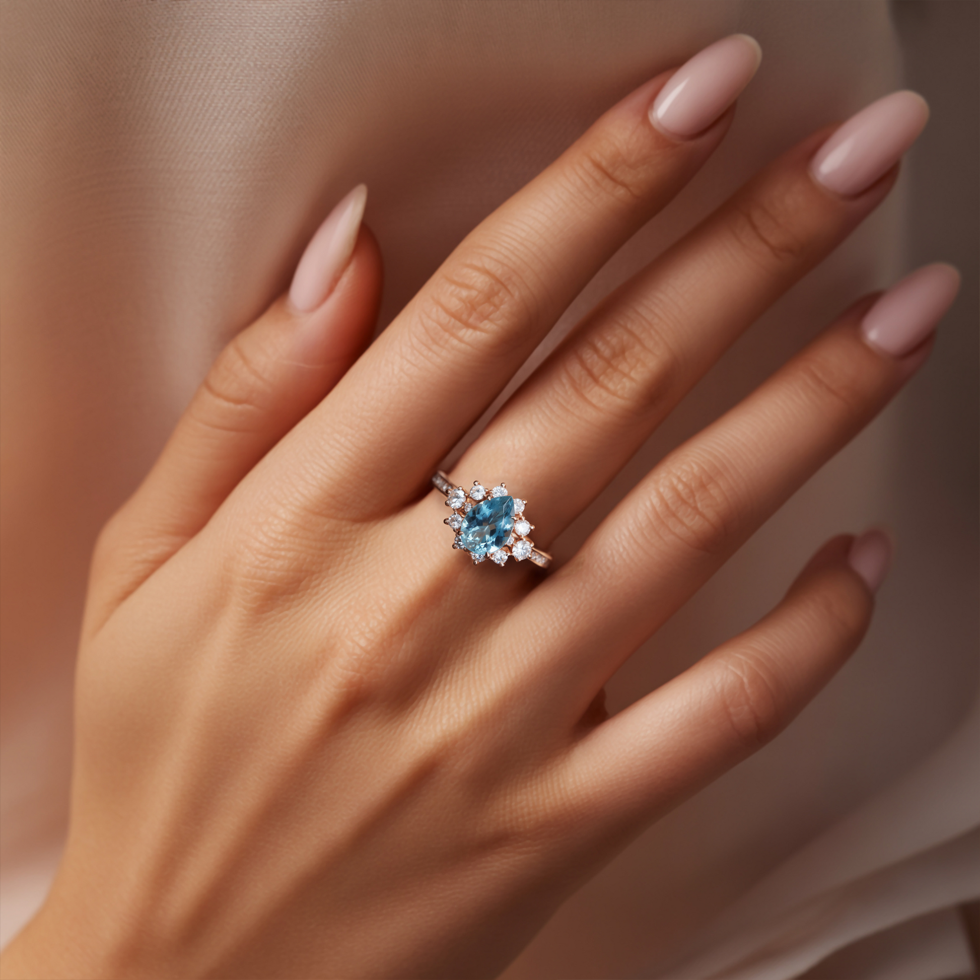 The Bethany 2CT Pear Cut Blue Moissanite Halo Ring