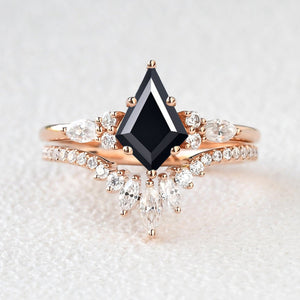 Kite Cut Moss Agate Three Stone Engagement Ring Set 2pcs - Rebecca