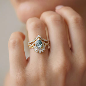 Elara's Crown | Pear Moss Agate Halo Baguette Bridal Set 2pcs