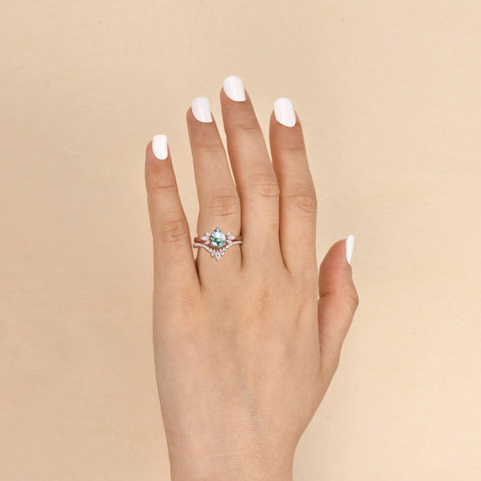 Fairy Ring - 1.5ct Pear Shaped Moss Agate Butterfly Cluster Ring Set 2pcs