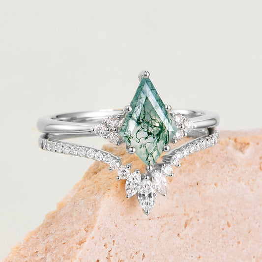 Classic Engagement - Unique Moss Agate Engagement Ring Set 2pcs - Lydia