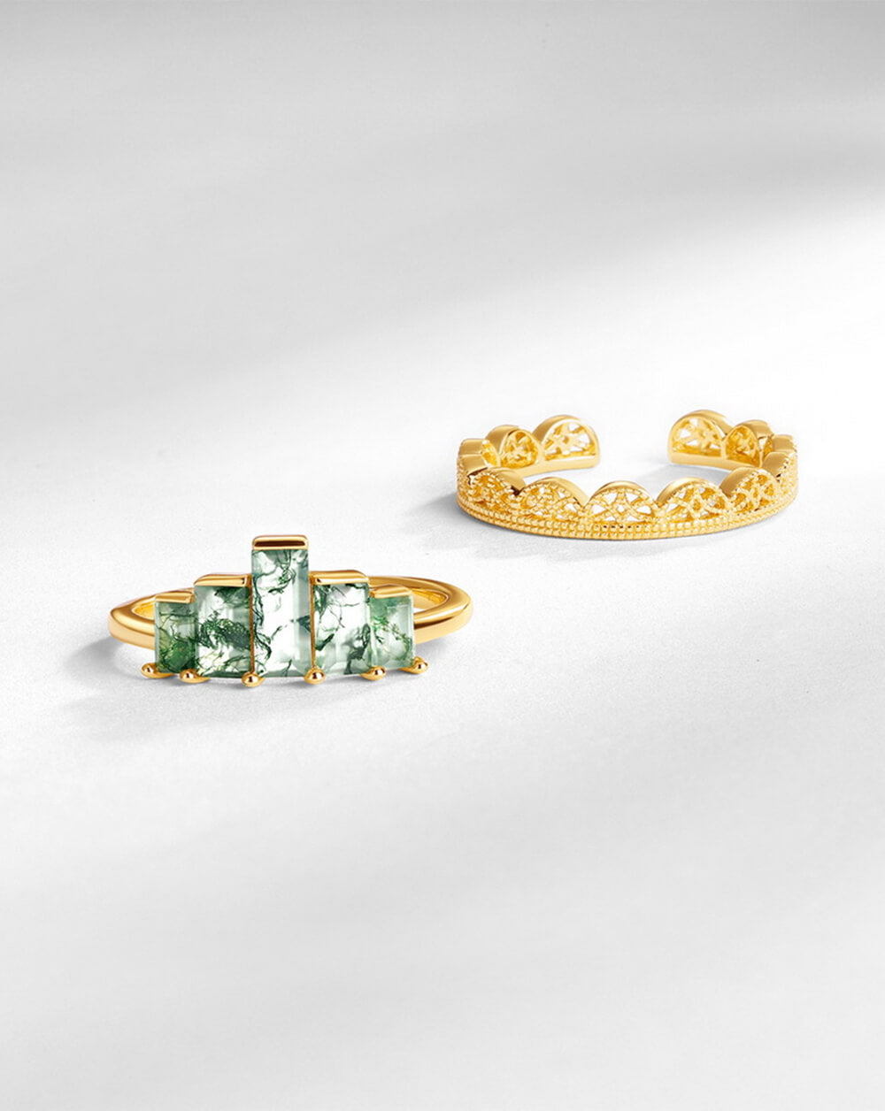 Gold Crown Stack Moss Agate Engagement Ring Set
