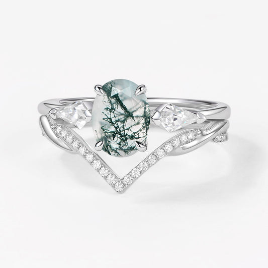 Oval Cut Moss Agate Three Stone Style Ring Set 2pcs