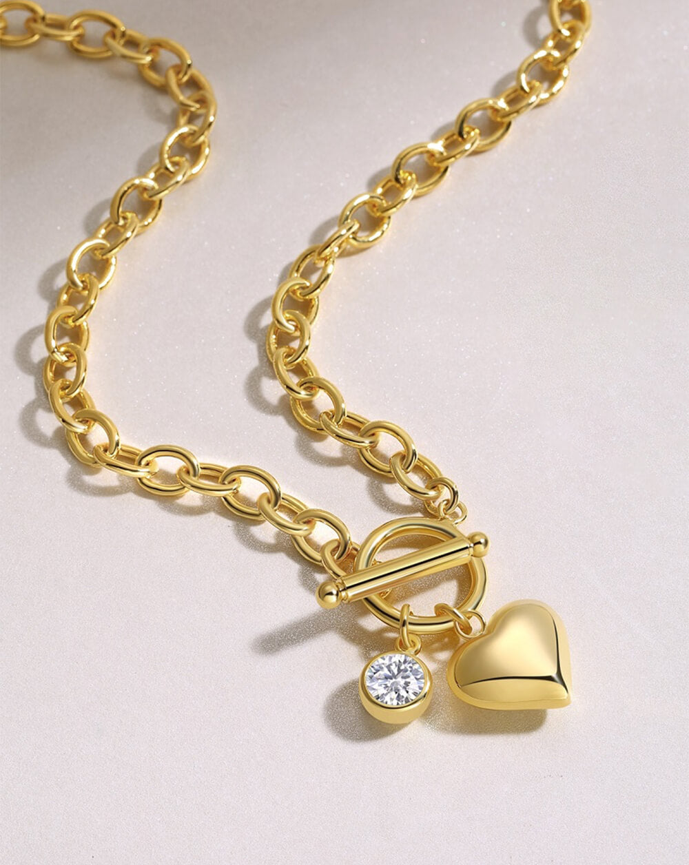 Romantic Gold  Heart Pendant Lariat Toggle Necklace In Silver Moissanite