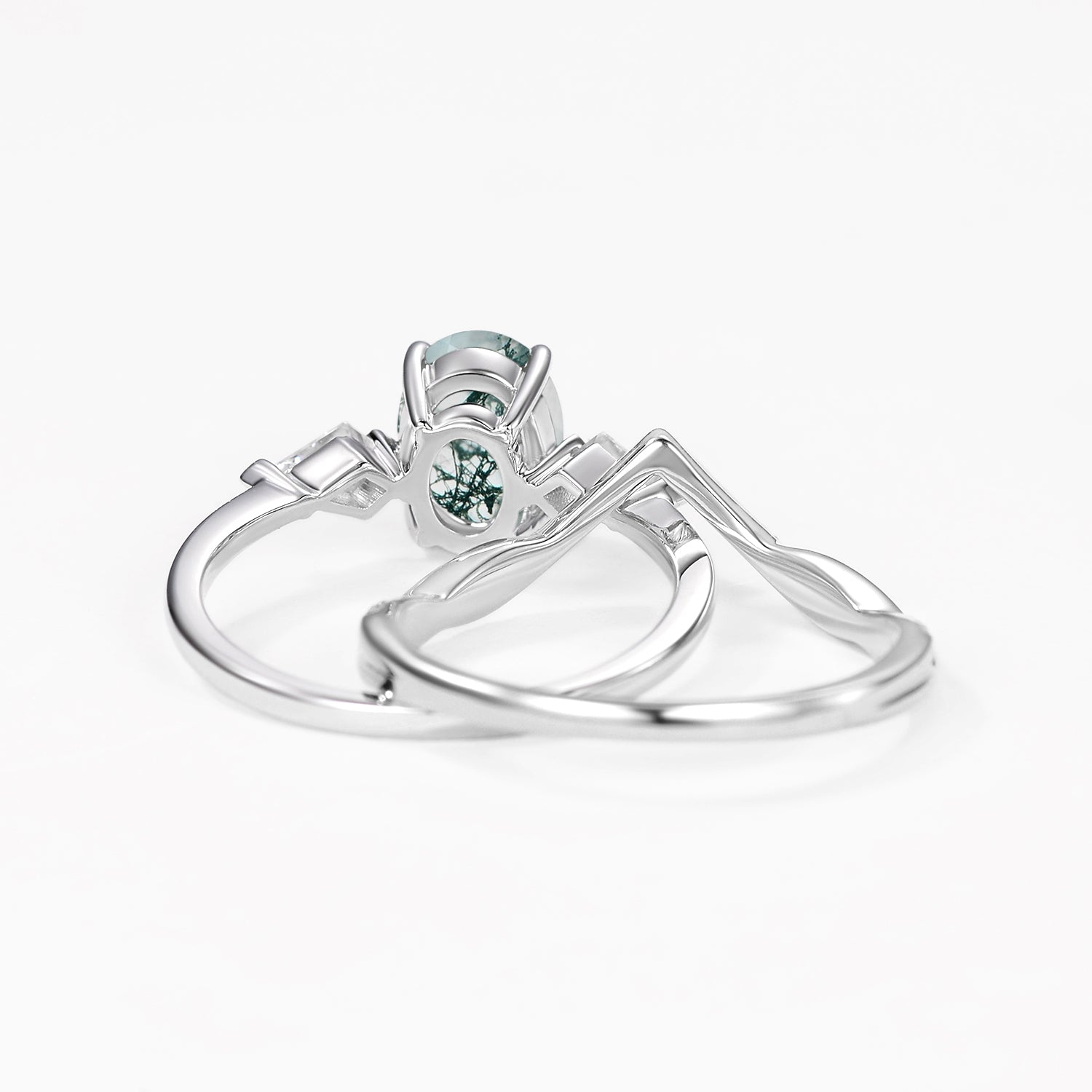 Oval Cut Moss Agate Three Stone Style Ring Set 2pcs