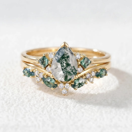 Nature Pear Cut Moss Agate Vine Engagement Ring Set