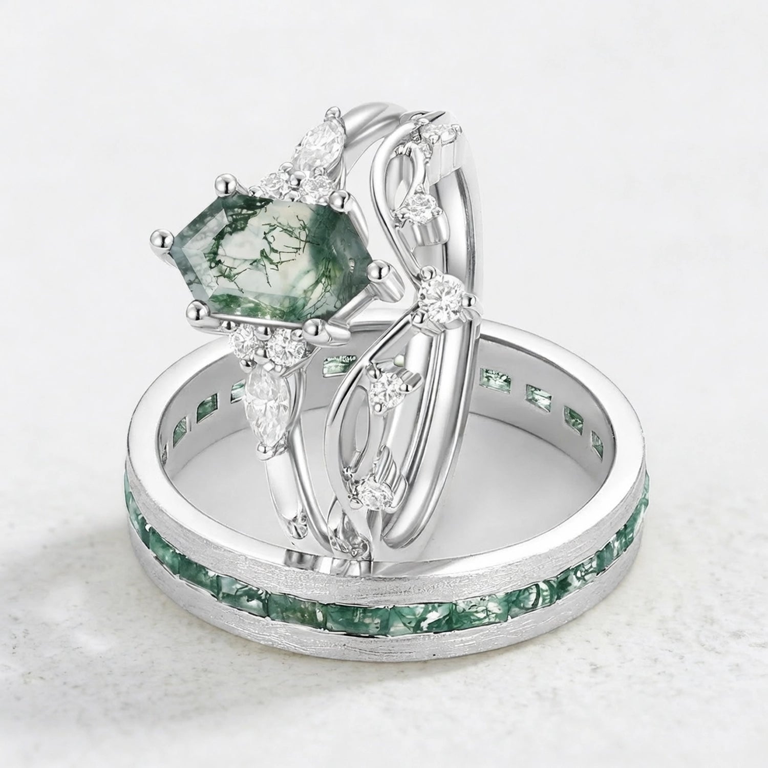 Ona White Gold Long Hexagon Moss Agate Leafy Couple Ring Set 3pcs
