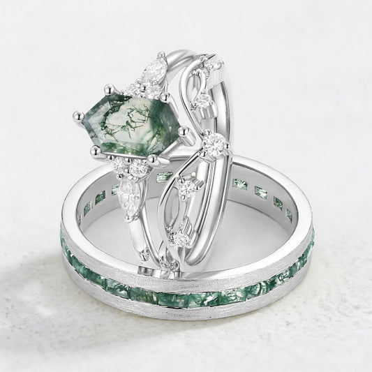 Ona White Gold Long Hexagon Moss Agate Leafy Couple Ring Set 3pcs