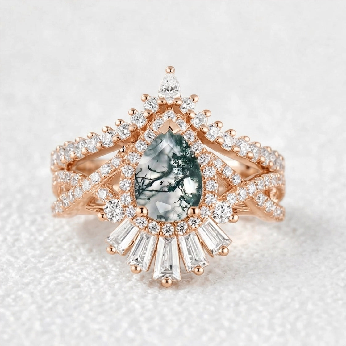 Elara's Crown | Pear Moss Agate Halo Baguette Bridal Set 2pcs