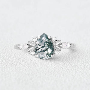 Unique Leafy Pear Shaped Moss Agate Engagement Fairy Ring - Susan