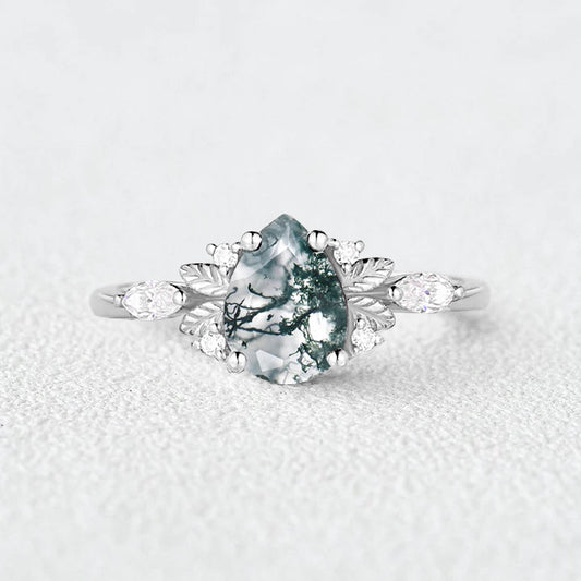 Unique Leafy Pear Shaped Moss Agate Engagement Fairy Ring - Susan