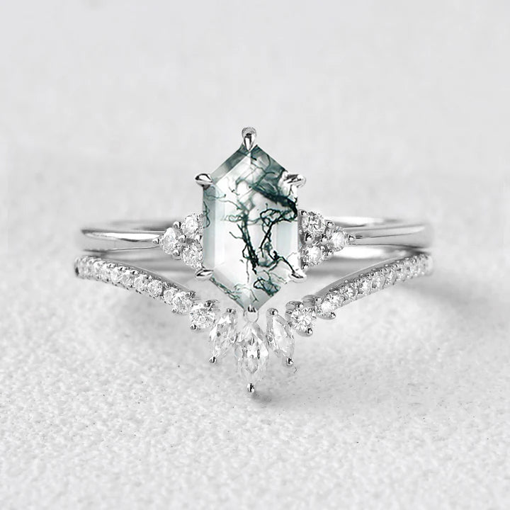 Long Hexagon Moss Agate Bridal Ring Set 2pcs - Lydia