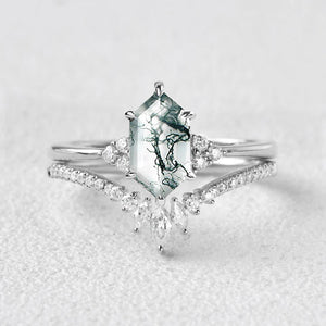 Long Hexagon Moss Agate Bridal Ring Set 2pcs - Lydia