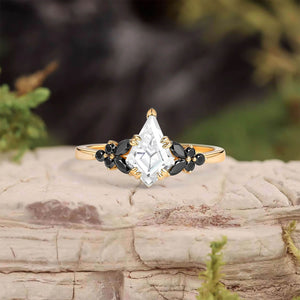 Unique Kite Cut Moss Agate & Black Onyx Leaf Engagement Ring