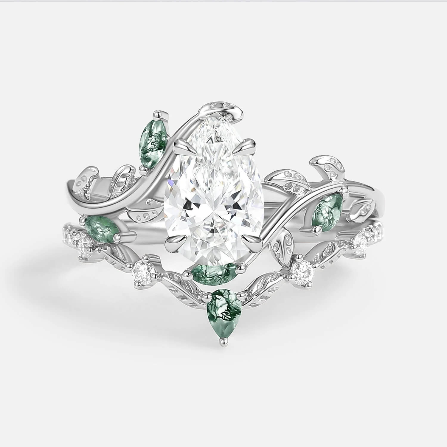 Daphne Pear Cut Moss Agate Vine Engagement Ring Set 2pcs