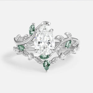 Daphne Pear Cut Moss Agate Vine Engagement Ring Set 2pcs