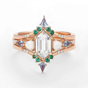 Max Hexagon Moss Agate & Opal & Alexandrite & Emerald Engagement Ring Set 3pcs
