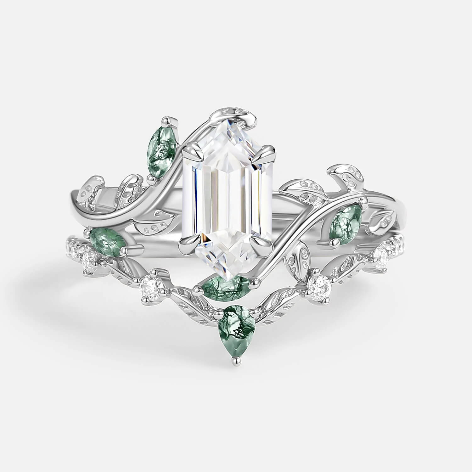 Daphne Moss Agate Hexagon Vine Engagement Ring Set 2pcs