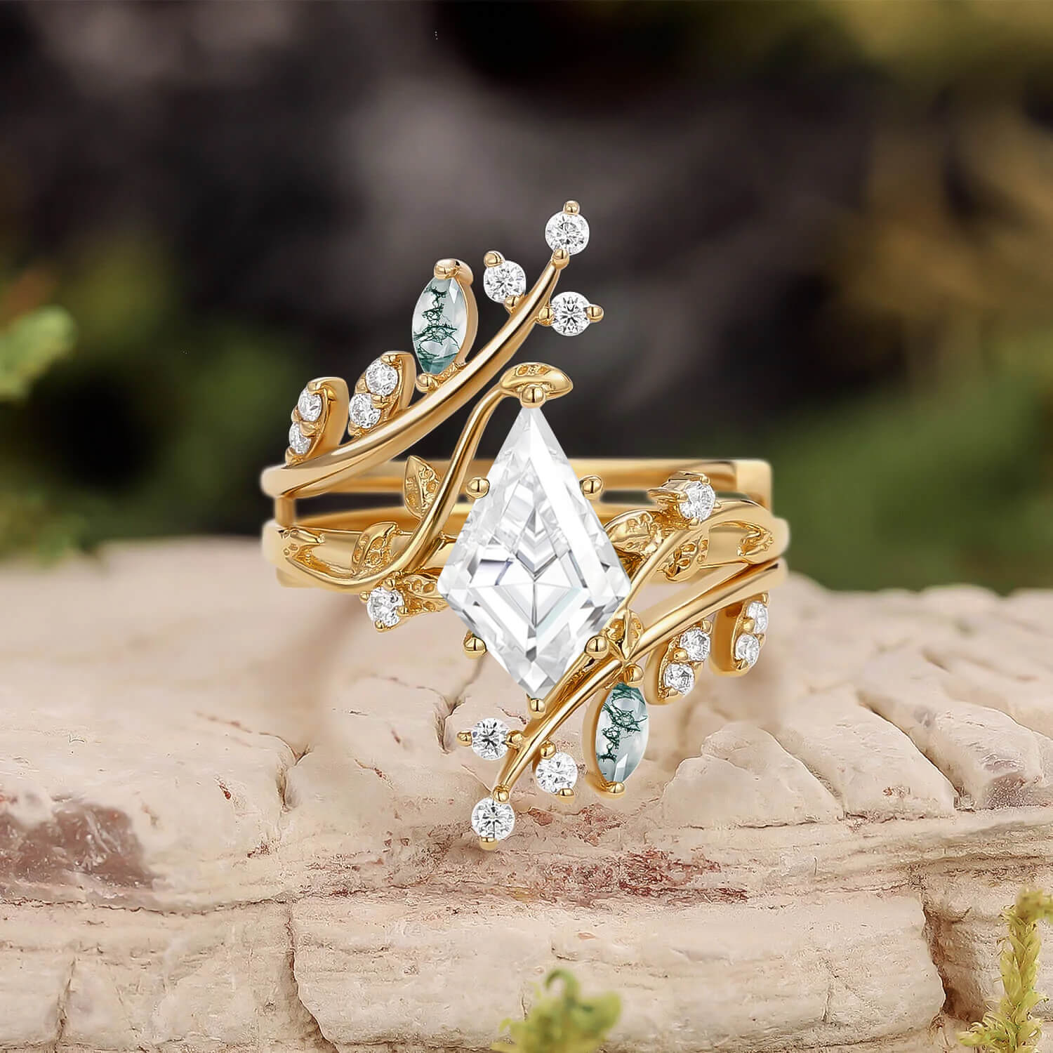 Knight Nature Inspired Kite Cut Moss Agate Cage Leafy Ring 2pcs