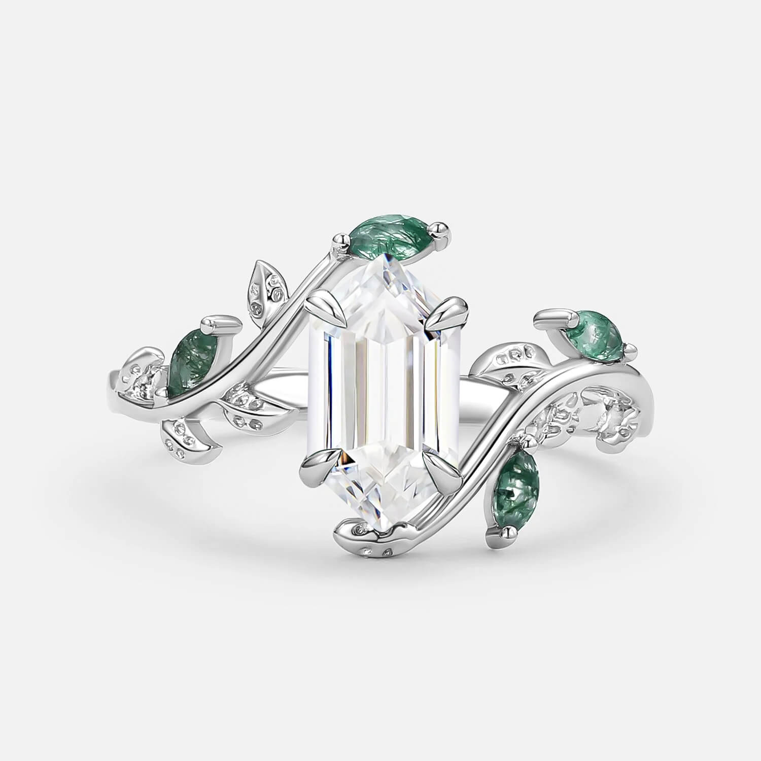 Vintage Hexagon Cut Moss Agate Leafy Engagement Ring