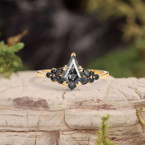 Unique Kite Cut Moss Agate & Black Onyx Leaf Engagement Ring