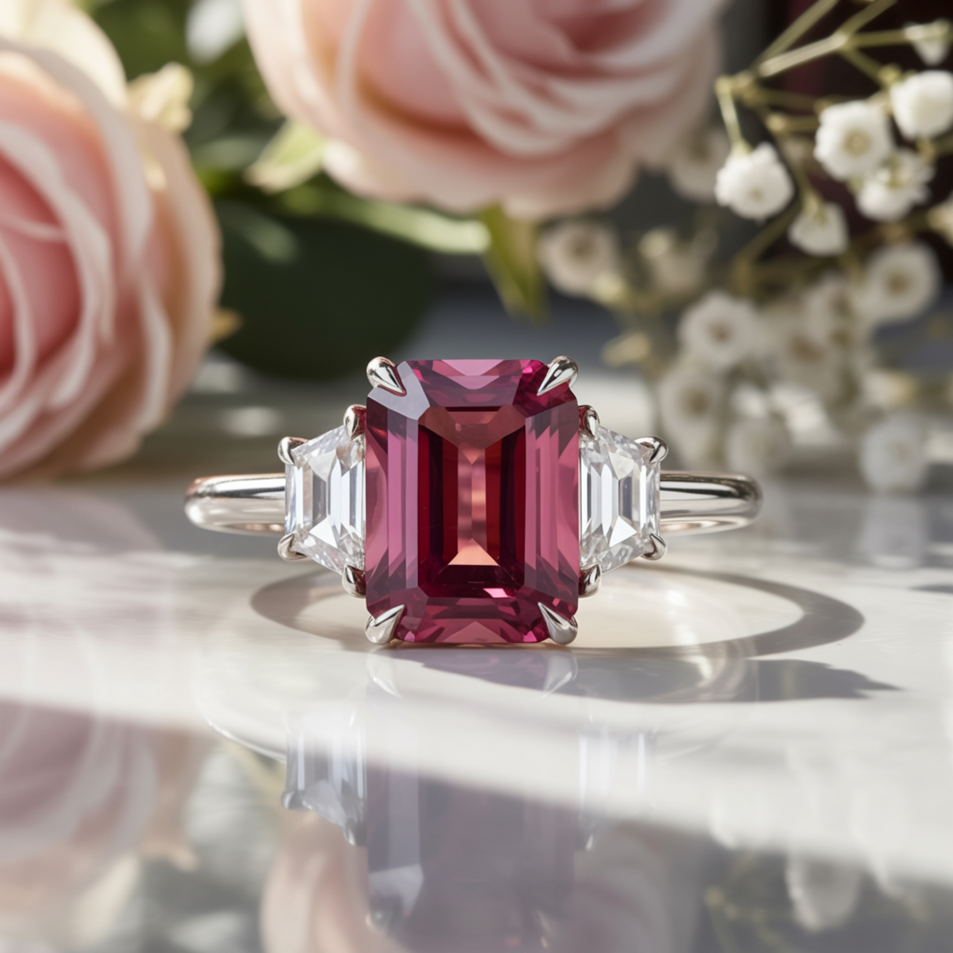 Virelia 3CT Emerald-Cut Pink Gemstone Ring
