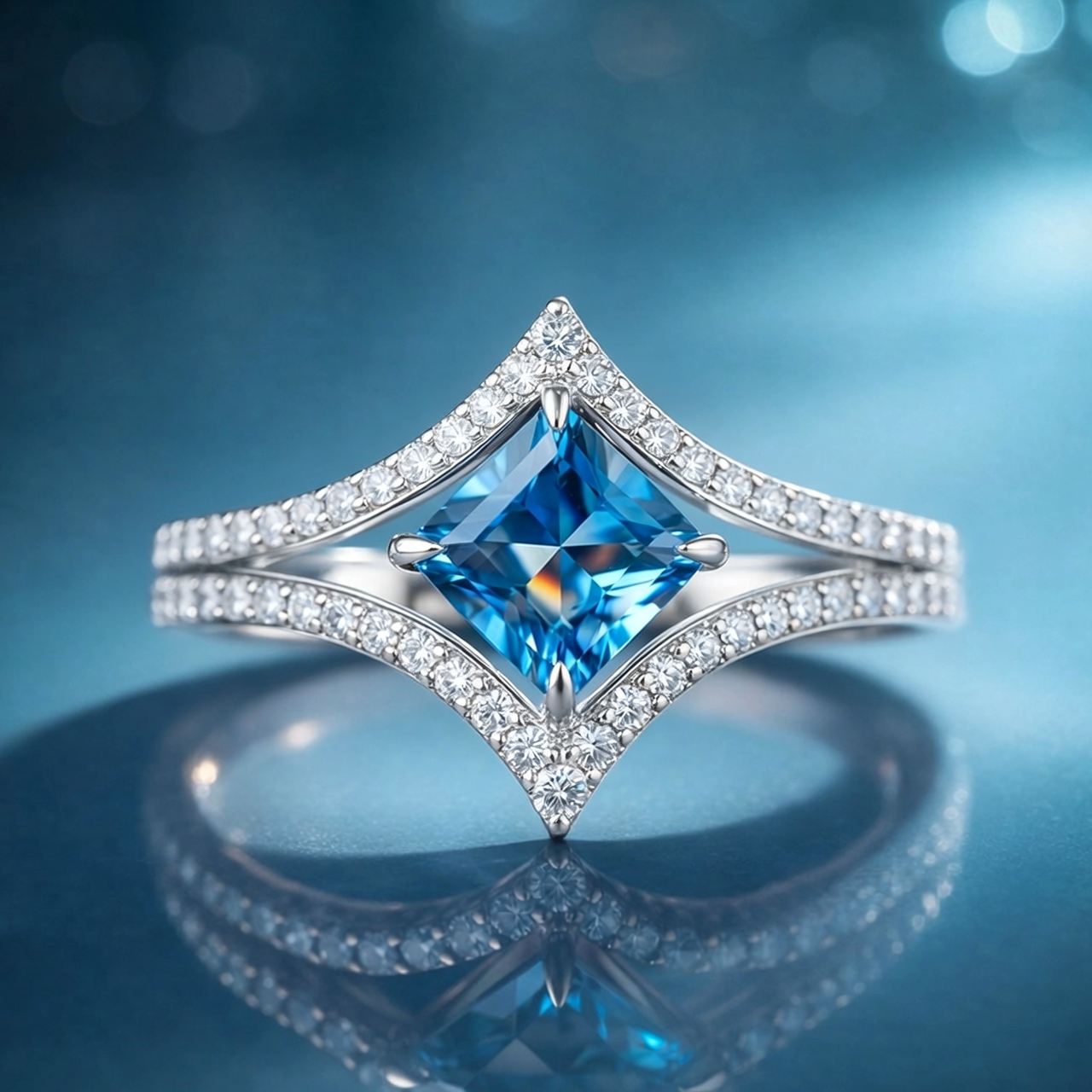 Marina’s Sparkle | 2CT Princess Cut Blue Sapphire Halo Ring