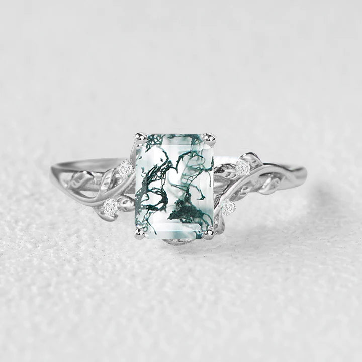 Sheryl Emerald Cut Moss Agate Leafy Engagement Ring