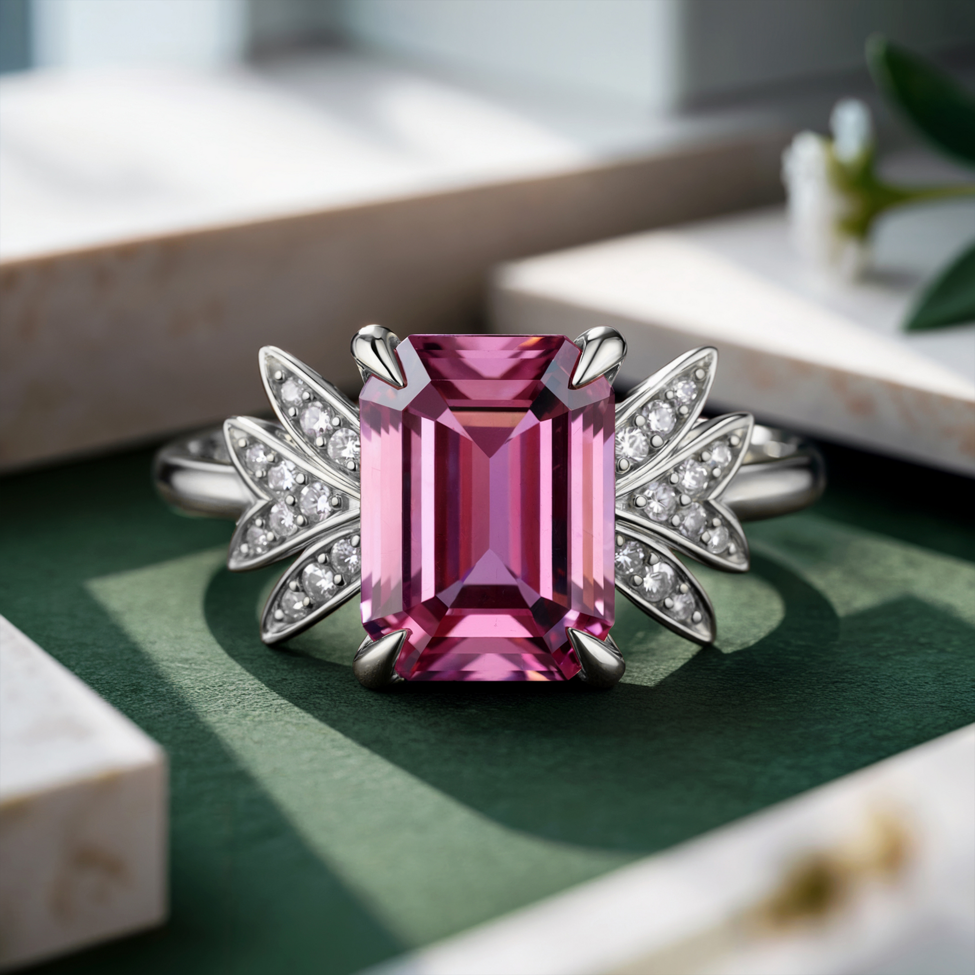 Evadne 2CT Pink Emerald-Cut Pink Gemstone Ring