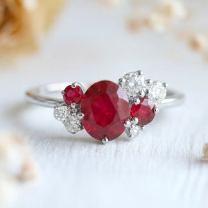 Dainty 1CT Oval Cut Ruby Halo Engagement Ring