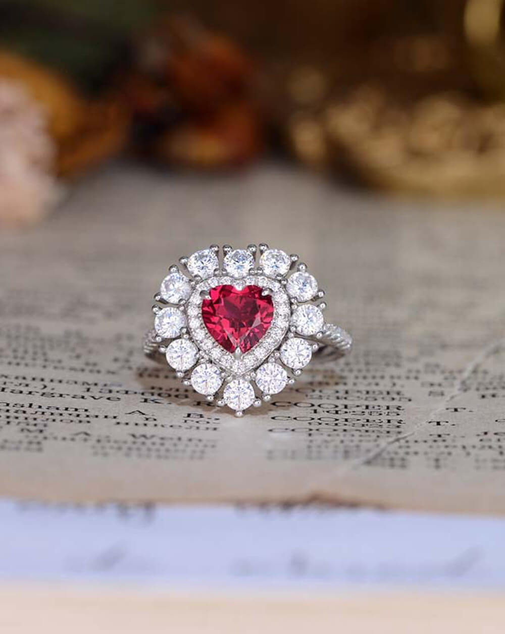Sparkle Silver Ruby Heart Halo Statement Ring