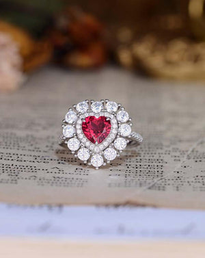 Sparkle Silver Ruby Heart Halo Statement Ring