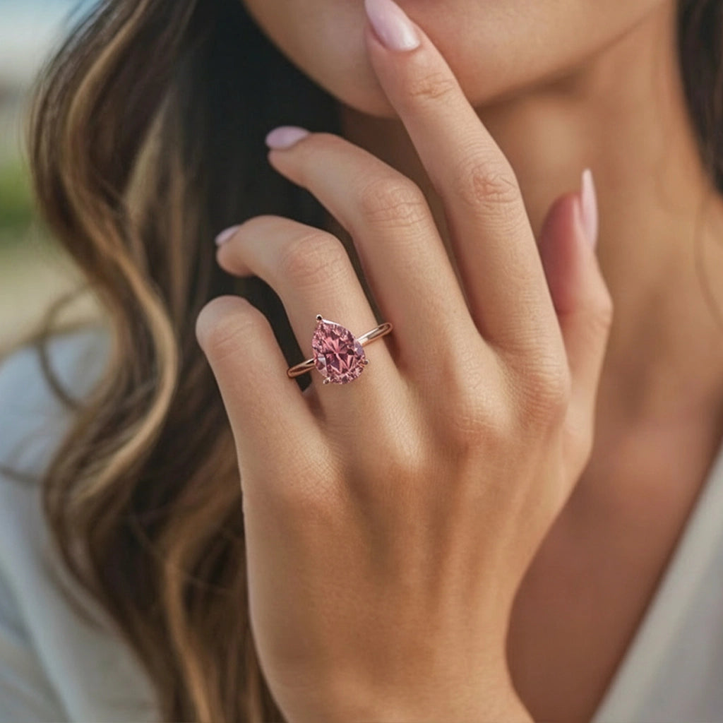 Celina 3CT Pear Cut Pink Solitaire Gemstone Ring