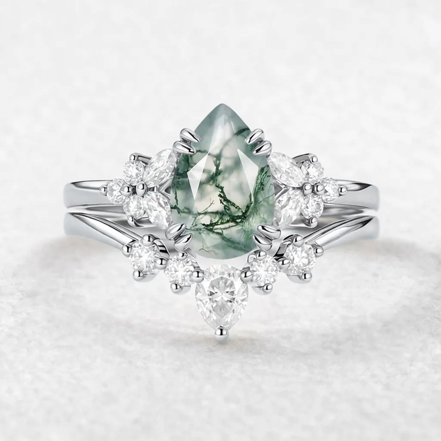 Cerys Pear Shaped Moss Agate Cluster Chevron Gold Ring Set 2pcs