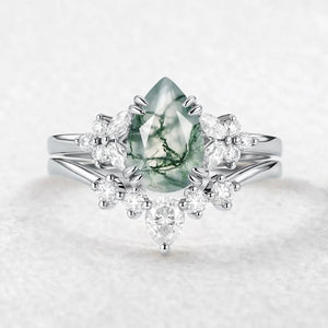 Cerys Pear Shaped Moss Agate Cluster Chevron Gold Ring Set 2pcs