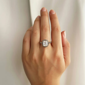 The Isolde 2CT Emerald Cut Halo Moissanite Ring