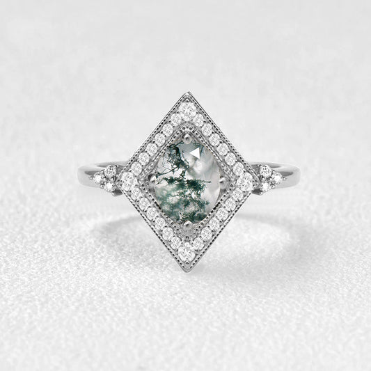 Unique Oval Cut Moss Agate Geometric Vintage Engagement Ring