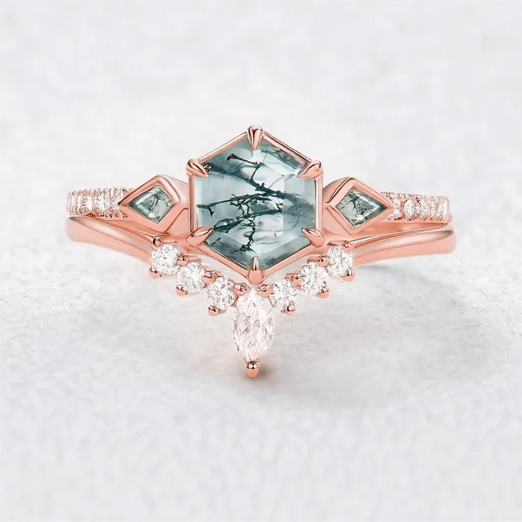 Linden’s Meadow |  Hexagon Moss Agate Three Stone Bridal Set 2pcs