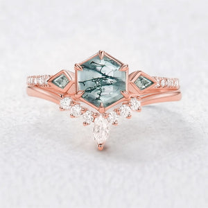 Linden’s Meadow |  Hexagon Moss Agate Three Stone Bridal Set 2pcs