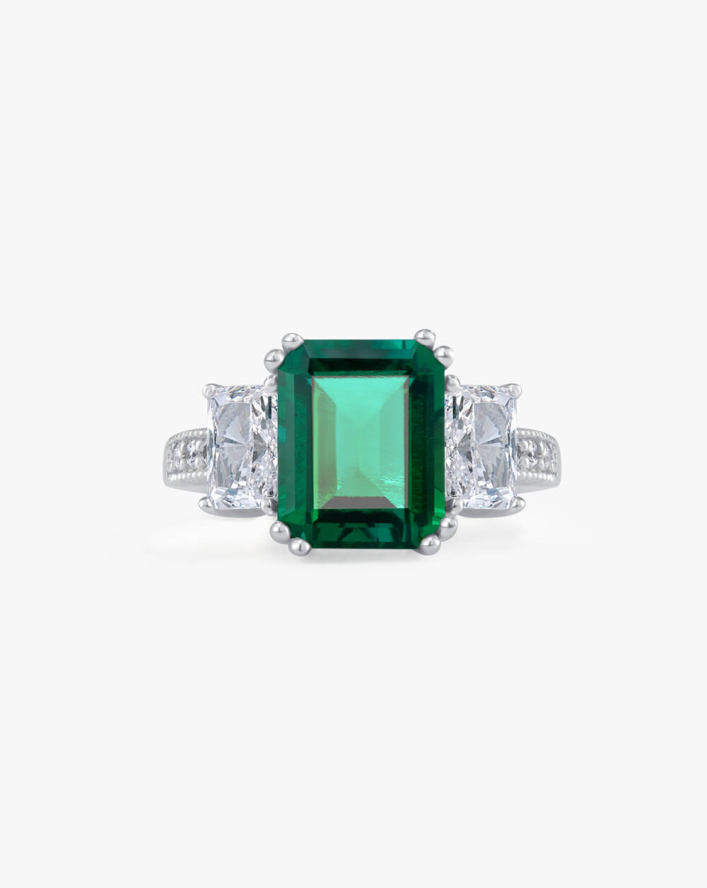 Chic Silver Baguette Emerald Solitaire Statement Ring