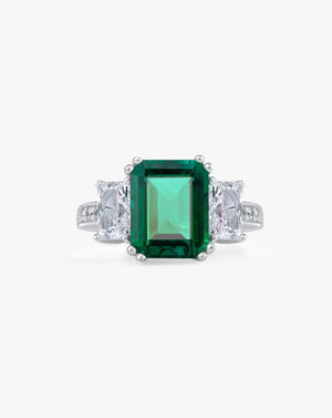 Chic Silver Baguette Emerald Solitaire Statement Ring
